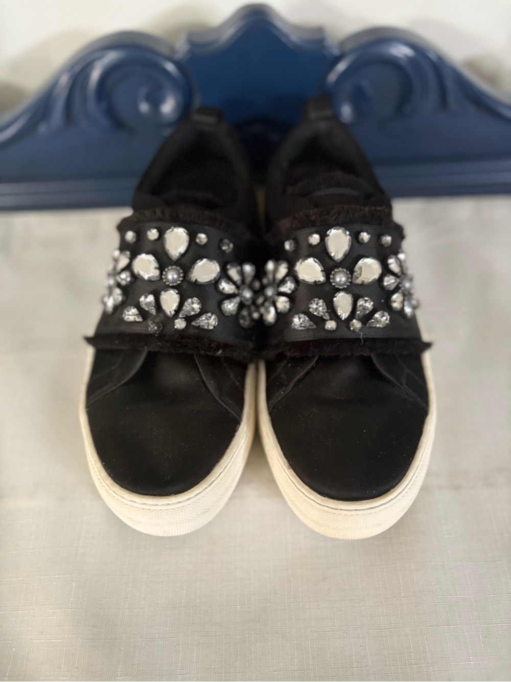 ALDO Dreaclya Jewel Embellished Platform Sneakers Black Satin Size 8